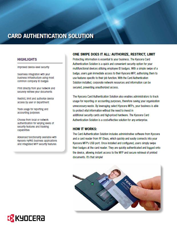 Kyocera, Software, Cost Control, Security Card Authentication, Athens Digital Systems